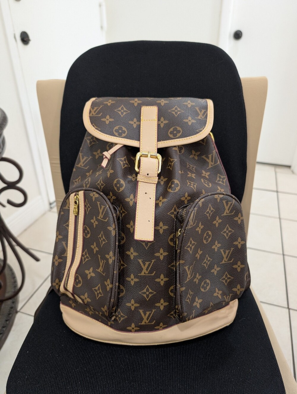 Monogram Print Backpack Brown & Tan Multiple Pockets